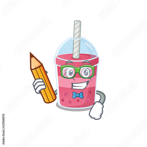 A brainy student strawberry bubble tea cartoon character with pencil and glasses