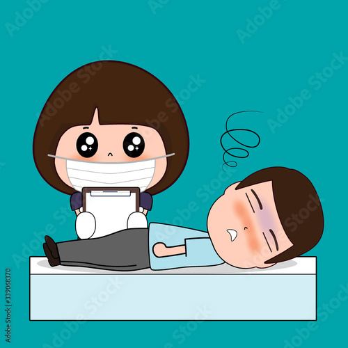 Hospitalisation of the patient. A sick person is in a medical bed. Vector illustration.