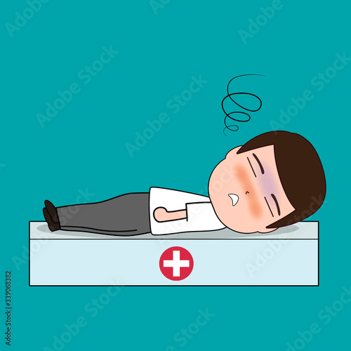 Hospitalisation of the patient. A sick person is in a medical bed. Vector illustration.