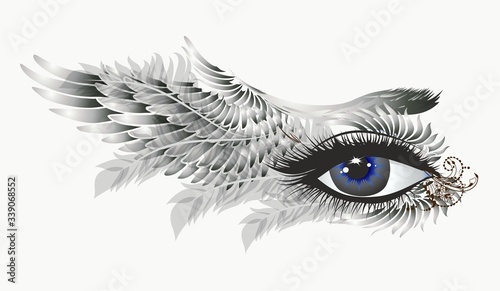 composition with an eye surrounded by decorative gray ornaments