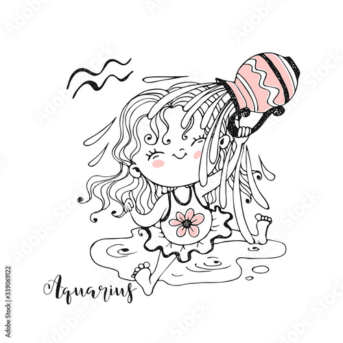 Children's zodiac. Aquarius Sign. The sweet girl is drenched in water. Vector