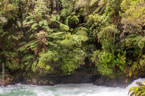 Waterfall in the forest at Okere Falls in New Zealand. photo