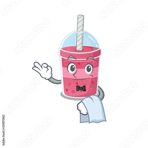 A cartoon character of strawberry bubble tea waiter working in the restaurant