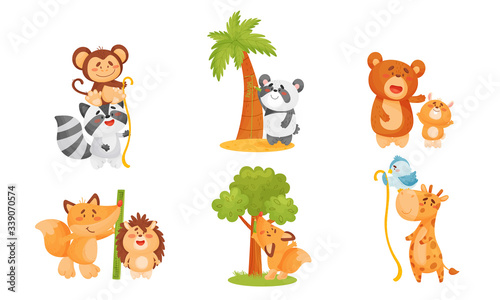 Funny Animals Measuring and Comparing Heights Vector Set