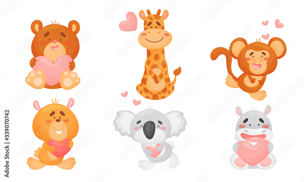 Obraz premium Cute Happy Animals Holding Hearts and Smiling Vector Set