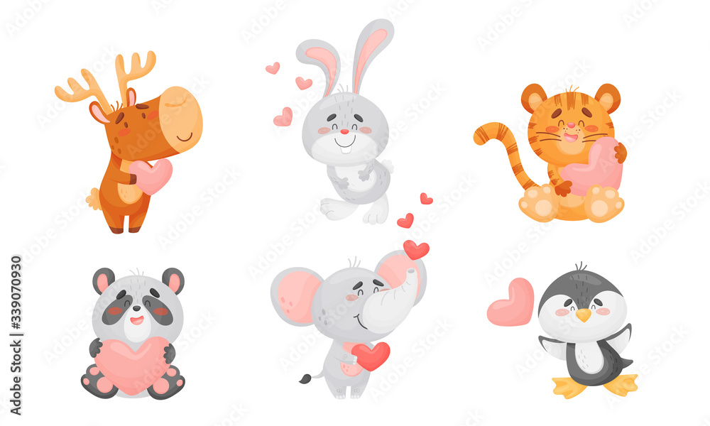 Naklejka premium Cute Happy Animals Holding Hearts and Smiling Vector Set