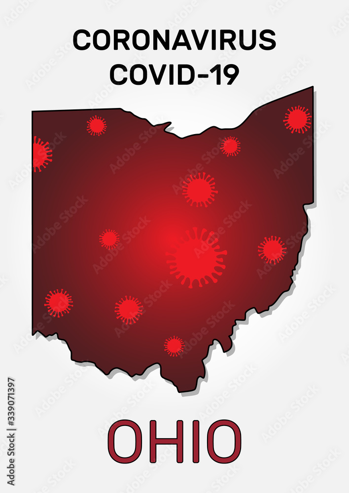 Map of Ohio state and coronavirus infection. Concept of disease outbreak with microbe cell symbols. Vector illustration