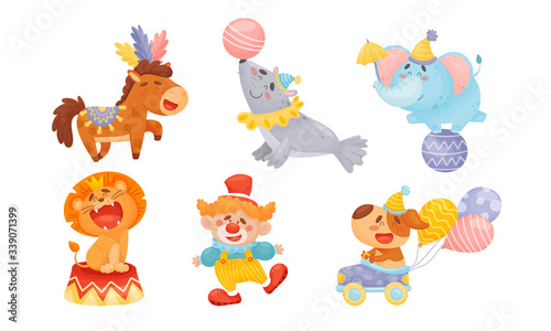 Circus Animals with Elephant Balancing on the Ball and Clown Dancing Vector Set