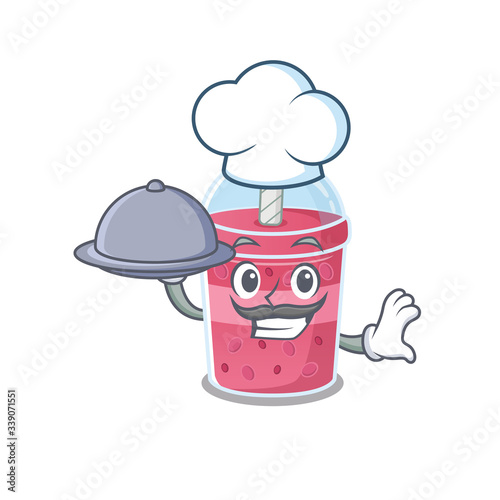 Strawberry bubble tea chef cartoon character serving food on tray