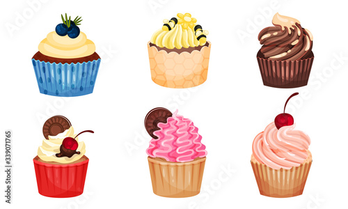 Appetizing Cupcakes with Whipped Cream and Berry on the Top Vector Set