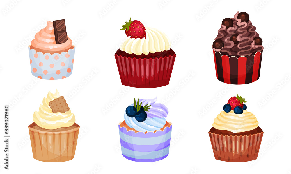 Appetizing Cupcakes with Whipped Cream and Berry on the Top Vector Set Appetizing Cupcakes with Whipped Cream and Berry on the Top Vector Set
