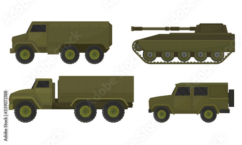 Military Machines and Armored Vehicles Isolated on White Background Vector Set