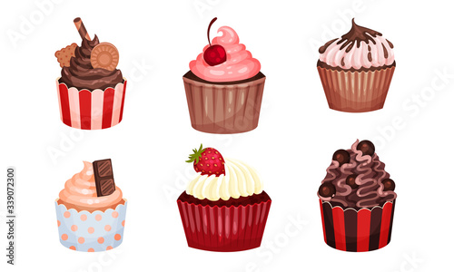 Appetizing Cupcakes with Whipped Cream and Berry on the Top Vector Set