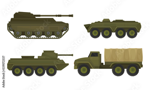 Military Machines and Armored Vehicles Isolated on White Background Vector Set