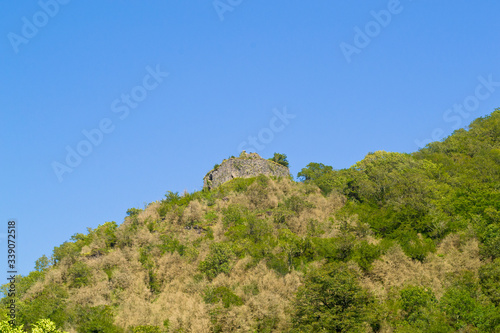 Mountain landscape with trees slope, old fortress