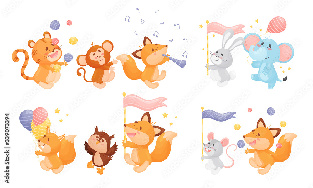 Fototapeta premium Animals Playing Flute, Carrying Flags and Juggling the Balls Vector Set