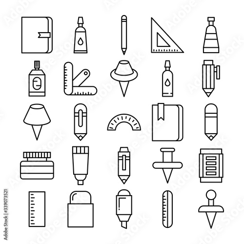 stationery and office supply icons set line design