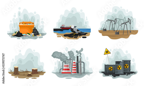 Air Pollution and Environmental Contamination Resulted in Global Warming Vector Set