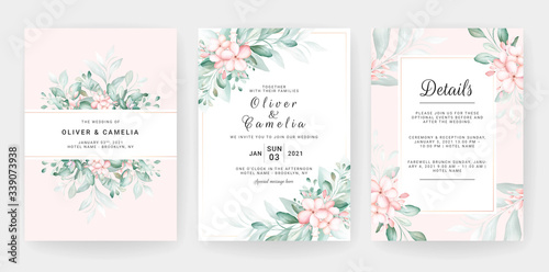 Wedding invitation card template set with soft peach watercolor floral decorations. Flowers arrangements for save the date, greeting, details, cover. Botanic illustration vector