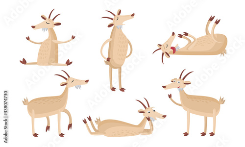 Set of isolated hand drawn cute funny goat animals enjoying life