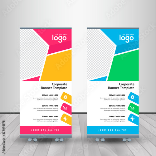 Creative Banner roll-up design, business concept. Graphic template roll-up for exhibitions, banner for seminar, layout for placement of photos. Universal stand for conference. © Xvector
