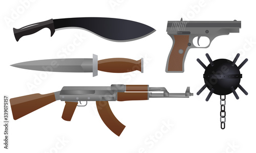 Set of military weapons and gun for killing people during war