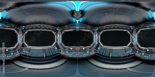 Fototapeta Naklejka Na Ścianę i Meble -  High resolution HDRI panoramic view of dark spaceship interior. 360 panorama reflection mapping of a futuristic spacecraft room 3D rendering