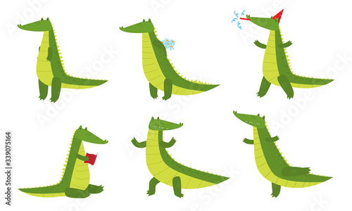 Set of isolated hand drawn cute funny crocodile animals enjoying life