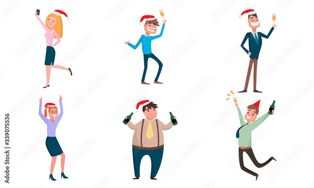 Smiling office workers in traditional hats celebrating Christmas or New Year
