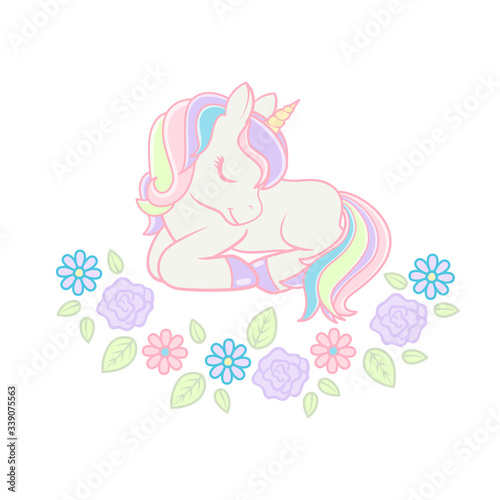 Cute Cartoon Lying down Unicorn with flowers. Vector illustration