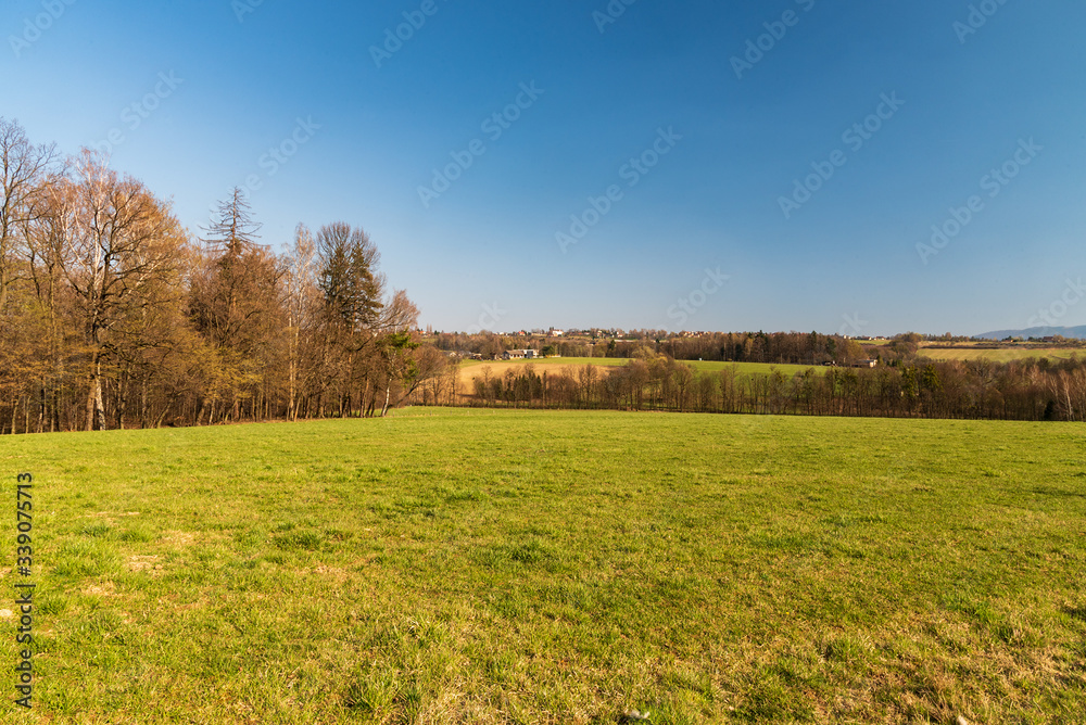 rural landscape with mix of meadows, forest, small village and hills on the the background
