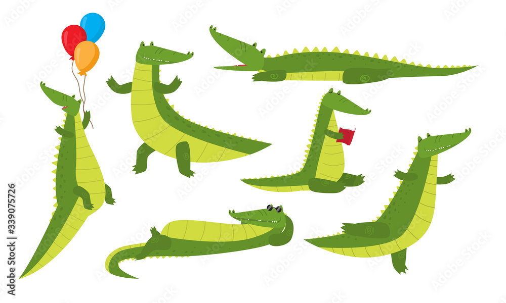 Fototapeta premium Set of isolated cute funny crocodile animals enjoying life and feeling happy