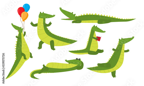 Set of isolated cute funny crocodile animals enjoying life and feeling happy