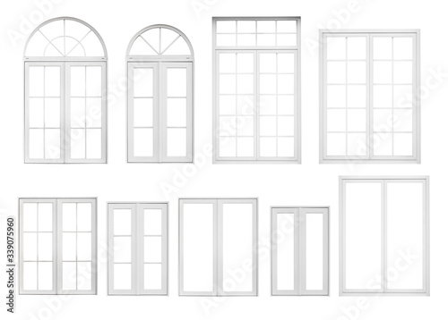 Real vintage house window frame set collection isolated on white background