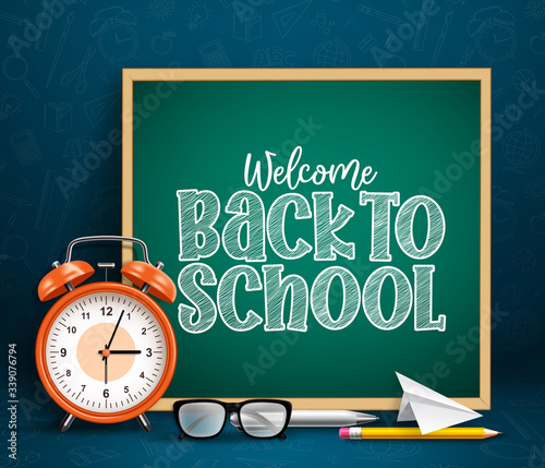 Back to school chalkboard vector banner. Back to school text in chalkboard or blackboard with alarm clock, eyeglasses and pencil education elements and items in blue pattern background.