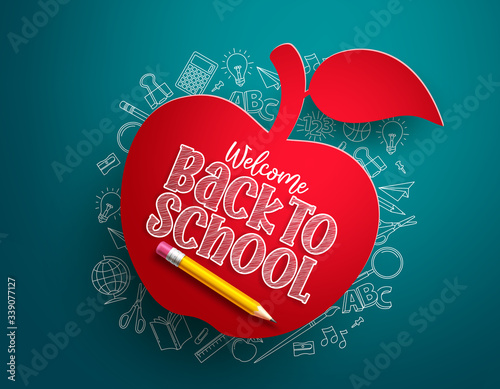 Back to school apple vector banner. Back to school text in red paper cut apple with hand drawn school items and elements in blue background. Vector illustration.
