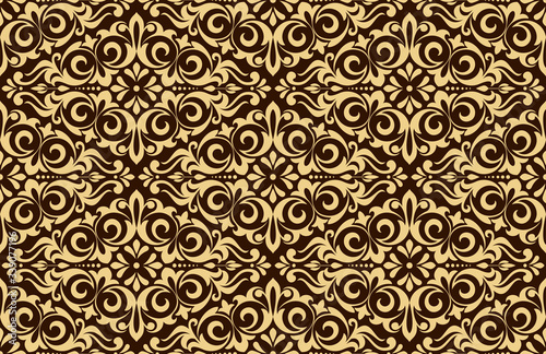 Wallpaper in the style of Baroque. Seamless vector background. Gold and black floral ornament. Graphic pattern for fabric, wallpaper, packaging. Ornate Damask flower ornament