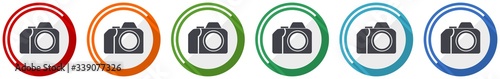 Photo camera icon set, photography flat design vector illustration in 6 colors options for webdesign and mobile applications