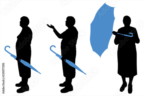 Vector illustration silhouette of a pensioner. Elderly woman with an umbrella in her hands. Umbrella is open and closed. Woman raised hand high, checking if it was raining. Umbrella silhouette in blue