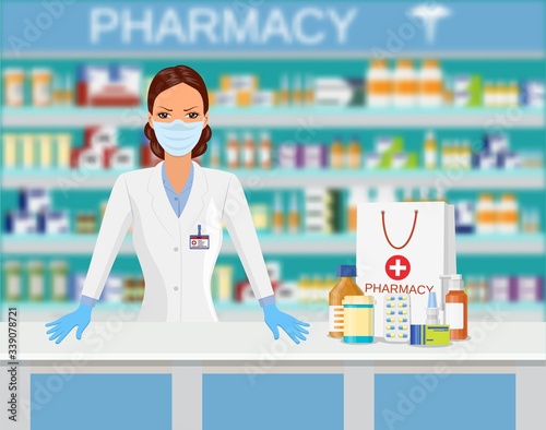 Modern interior pharmacy or drugstore. FeMale pharmacist with medical mask. Shopping bag with different medical pills and bottles, healthcare and shopping. Vector illustration in flat style