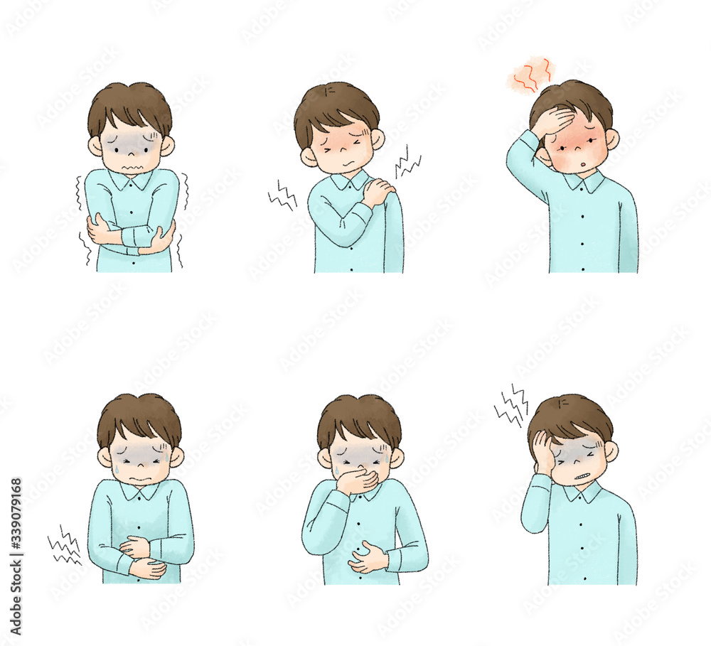 病気　症状セット2（悪寒、関節の痛み、発熱、腹痛、吐き気、頭痛）男の子