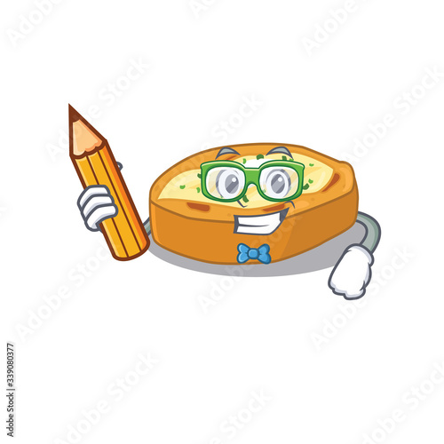 A brainy student baked potatoes cartoon character with pencil and glasses