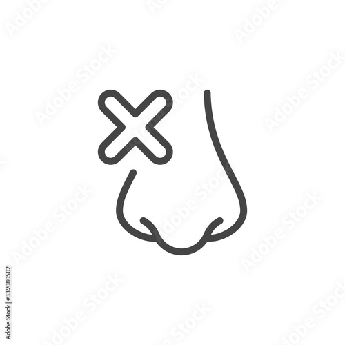 Stuffy nose line icon. Symptom of cold, flu, coronovirus, allergies. Medical examination, treatment, health prevention. 