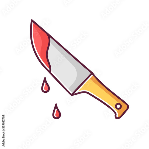 Thriller movie RGB color icon. Suspenseful cinema genre, survival horror, action. Shocking films with gore and violence. Bloody knife isolated vector illustration