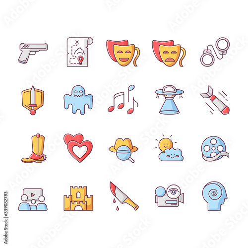 Movie genres RGB color icons set. Cinematography, filmmaking industry, cinema business. Different common film and tv show styles. Isolated vector illustrations