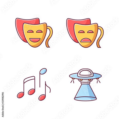 Traditional movie genres RGB color icons set. Funny comedy, serious drama, musical and science fiction. Common film categories. Isolated vector illustrations