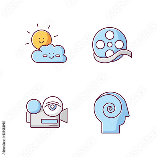 Movies and TV genres RGB color icons set. Children cartoons, documentary, arthouse and philosophical films. Modern filmmaking styles. Isolated vector illustrations