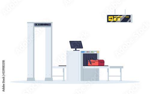 Border control semi flat RGB color vector illustration. Security check gates in airport terminal. Smuggle control. Luggage conveyor belt isolated cartoon object on white background