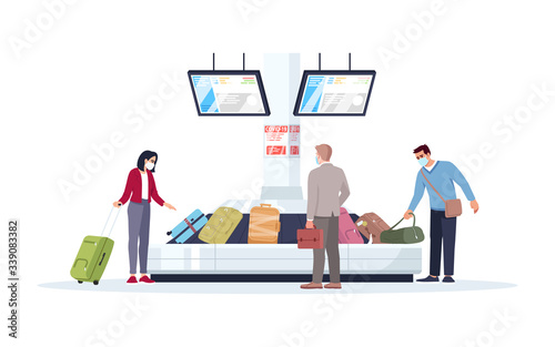 Baggage carousel semi flat RGB color vector illustration. Tourists in medical masks wait for luggage. People get bags in airport terminal. Passengers isolated cartoon character on white background