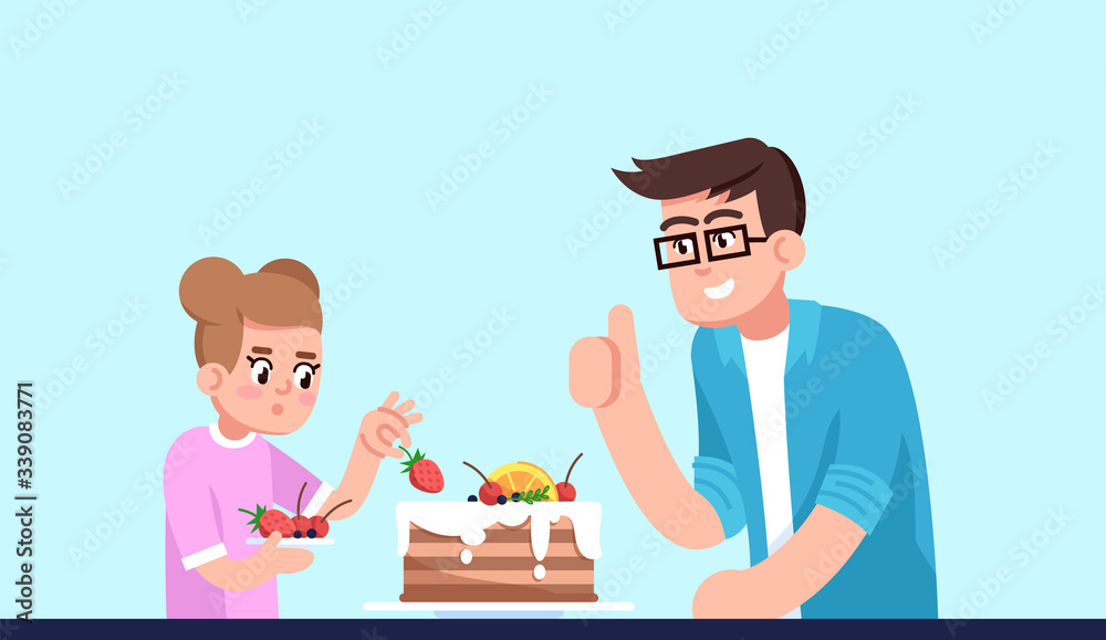 Daddy and daughter decorating pie semi flat RGB color vector illustration. Family members cooking dessert together, parent and child baking cake isolated cartoon characters on blue background Daddy and daughter decorating pie semi flat RGB color vector illustration. Family members cooking dessert together, parent and child baking cake isolated cartoon characters on blue background